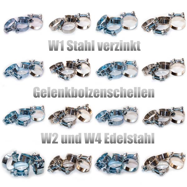 Gelenkbolzenschellen, Spannbackenschellen, Schwerlast Schlauchschellen W1,  W2 und W4 Edelstahl