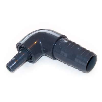 Schlauchadapter Winkel 90 Grad aus PVC Kunststoff mit 38, 39, 40, 41, 42, 43 mm (1 1/2 Zoll) auf 19, 20, 21, 22 mm (3/4 Zoll) VDL Schlauchtüllen als Reduzierstück für Schlauch