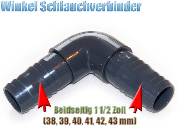 Winkel Schlauchverbinder 90 Grad mit (38, 39) 40, 41, 42 und 43 mm (1 1/2  Zoll) PVC