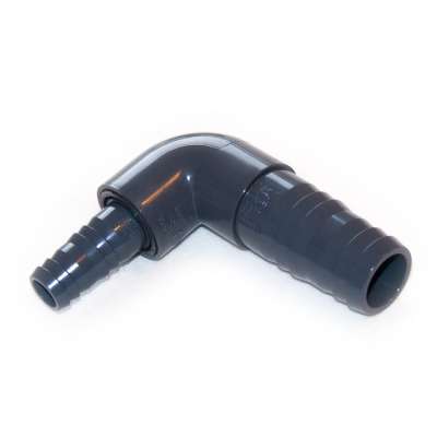 Winkel Schlauchadapter 90 Grad aus PVC Kunststoff mit 31, 32, 33, 34 mm (1 1/4 Zoll) auf 19, 20, 21, 22 mm (3/4 Zoll) VDL Schlauchtüllen als Reduzierstück für Schlauch