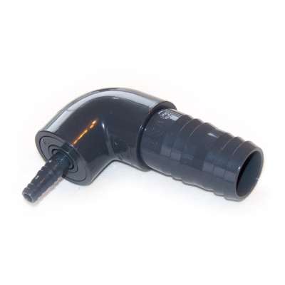 Winkel Schlauchadapter 90 Grad aus PVC Kunststoff mit 38, 39, 40, 41, 42, 43 mm (1 1/2 Zoll) auf 12, 13, 14 mm (1/2 Zoll) VDL Schlauchtüllen als Reduzierstück für Schlauch