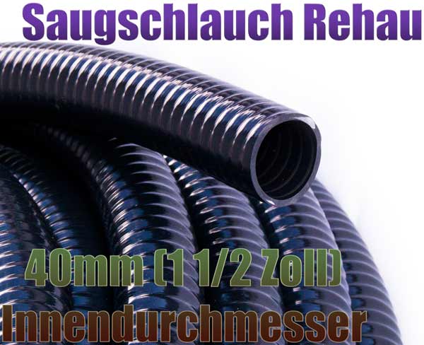 Saugschlauch 40mm (1 1/2 Zoll) glatt flexibel schwarz Rehau PVC