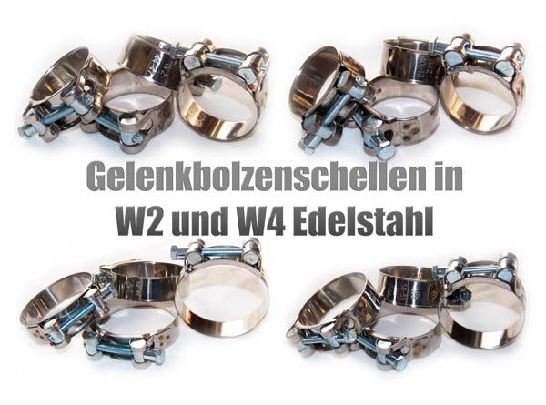 Gelenkbolzenschellen, Spannbackenschellen, Schwerlast Schlauchschellen W1,  W2 und W4 Edelstahl